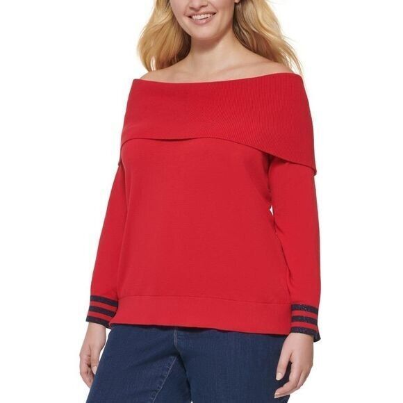 New TOMMY HILFIGER Women's 2X Off-The-Shoulder Sweater Red Navy Blue Stripe - Picture 1 of 6